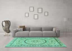 Machine Washable Medallion Turquoise Traditional Area Rugs in a Living Room,, wshtr1003turq