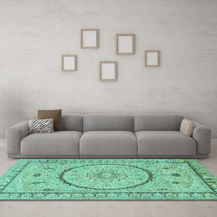 Machine Washable Medallion Turquoise Traditional Area Rugs in a Living Room,, wshtr1003turq