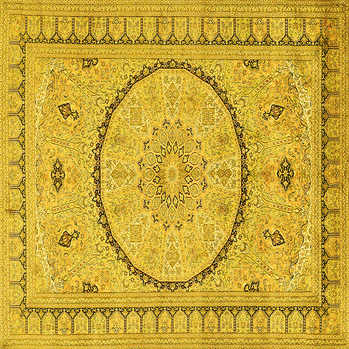 Square Machine Washable Medallion Yellow Traditional Rug, wshtr1003yw