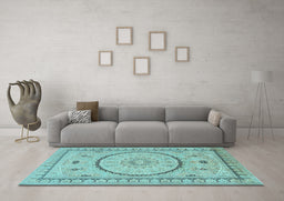 Machine Washable Medallion Light Blue Traditional Rug in a Living Room, wshtr1003lblu