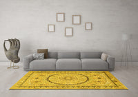 Machine Washable Medallion Yellow Traditional Rug, wshtr1003yw