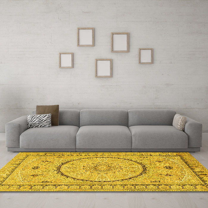 Machine Washable Medallion Yellow Traditional Rug in a Living Room, wshtr1003yw
