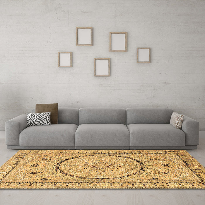 Machine Washable Medallion Brown Traditional Rug in a Living Room,, wshtr1003brn