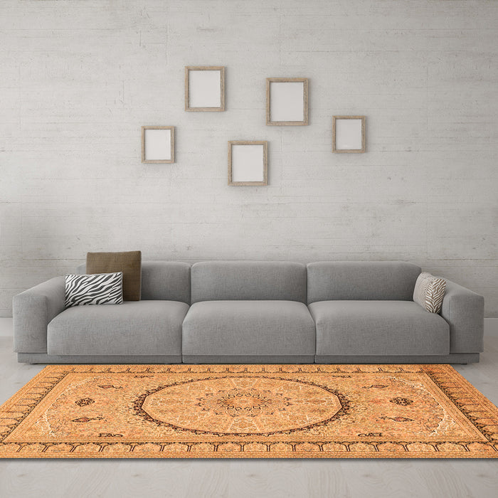 Machine Washable Medallion Orange Traditional Area Rugs in a Living Room, wshtr1003org