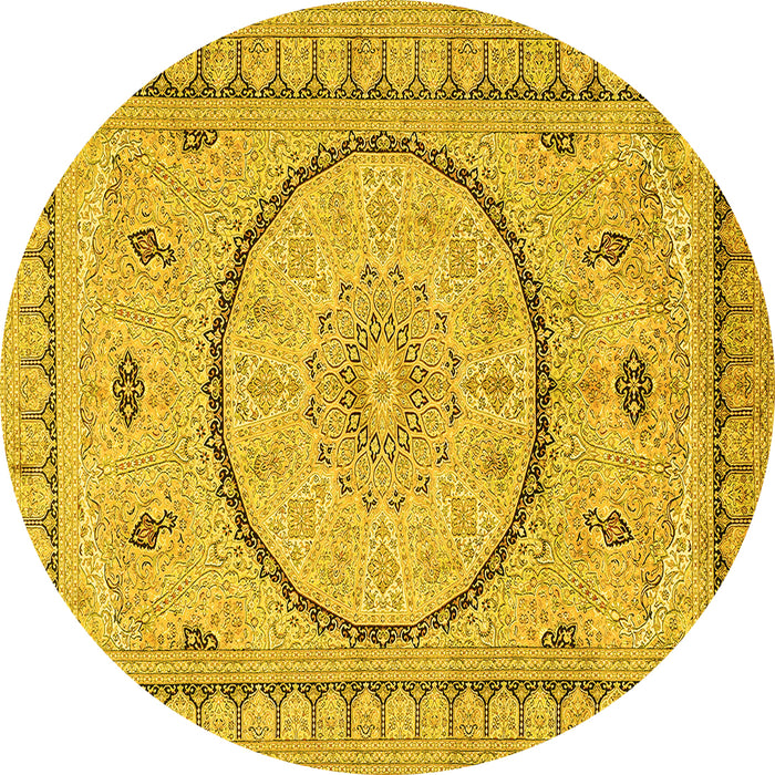 Round Machine Washable Medallion Yellow Traditional Rug, wshtr1003yw