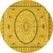 Round Machine Washable Medallion Yellow Traditional Rug, wshtr1003yw