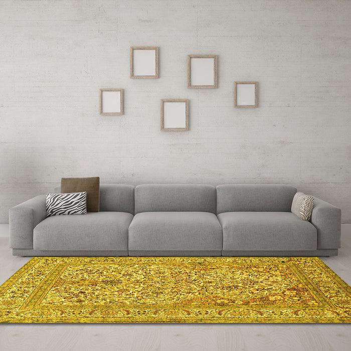 Machine Washable Persian Yellow Traditional Rug in a Living Room, wshtr1004yw