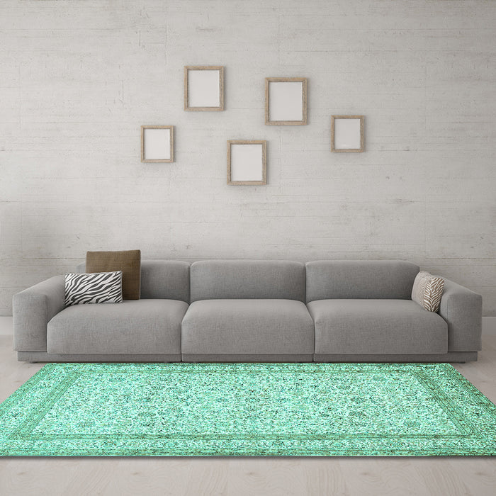 Machine Washable Persian Turquoise Traditional Area Rugs in a Living Room,, wshtr1006turq