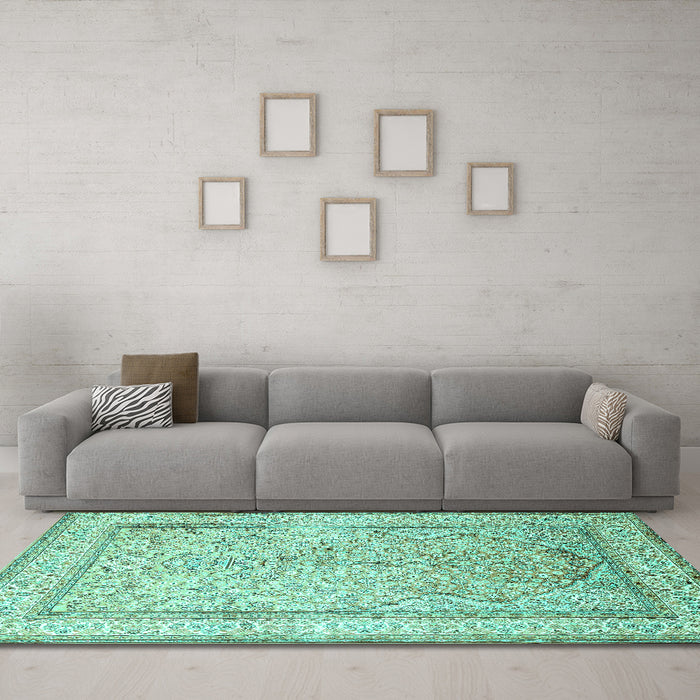 Machine Washable Persian Turquoise Traditional Area Rugs in a Living Room,, wshtr1007turq