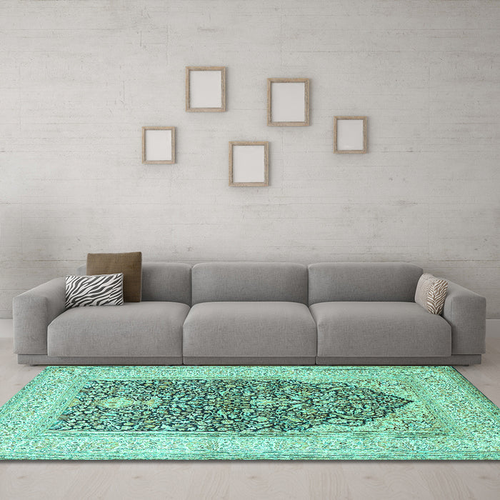 Machine Washable Persian Turquoise Traditional Area Rugs in a Living Room,, wshtr1008turq