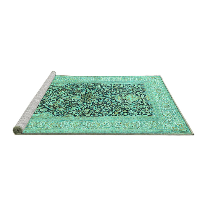 Sideview of Machine Washable Persian Turquoise Traditional Area Rugs, wshtr1008turq