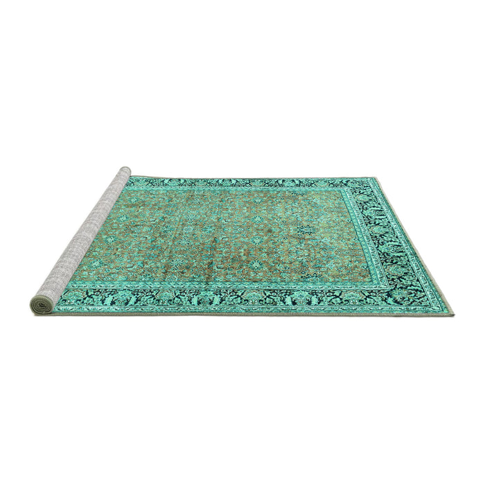 Sideview of Machine Washable Persian Turquoise Traditional Area Rugs, wshtr1009turq