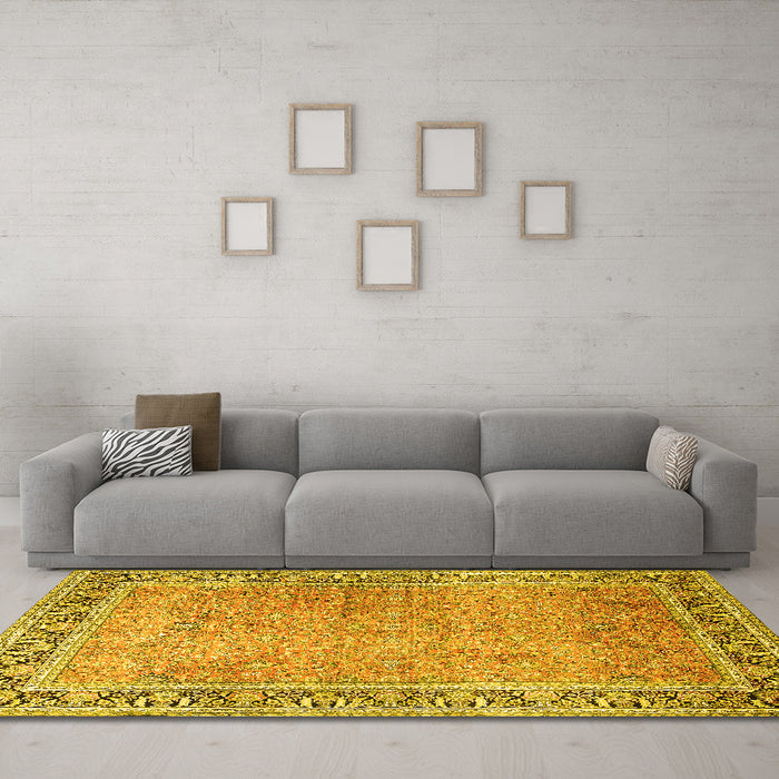 Machine Washable Persian Yellow Traditional Rug in a Living Room, wshtr1009yw