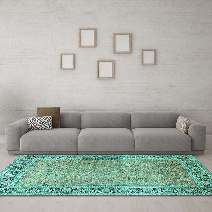 Machine Washable Persian Turquoise Traditional Area Rugs in a Living Room,, wshtr1009turq