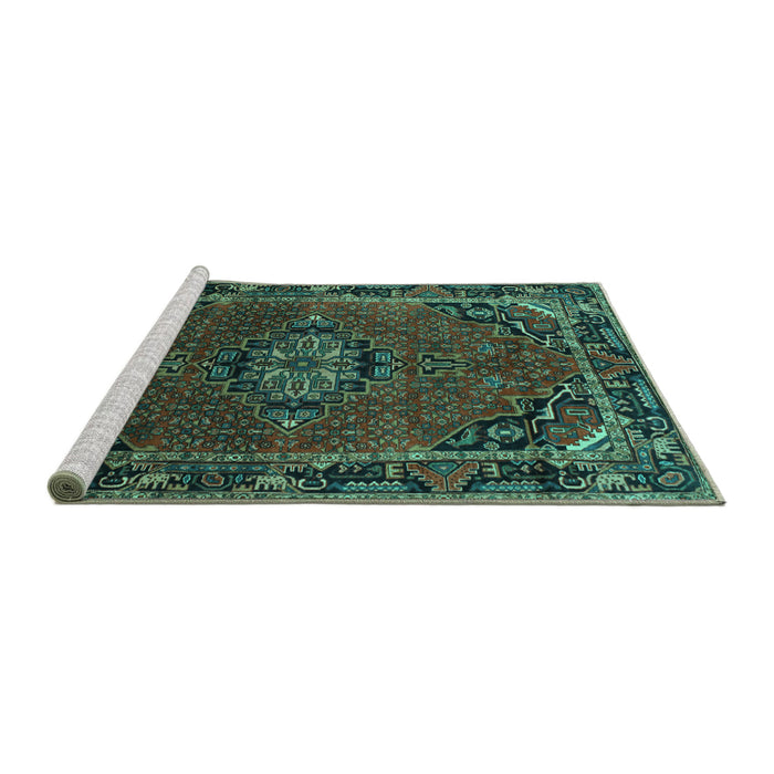 Sideview of Machine Washable Medallion Turquoise Traditional Area Rugs, wshtr100turq