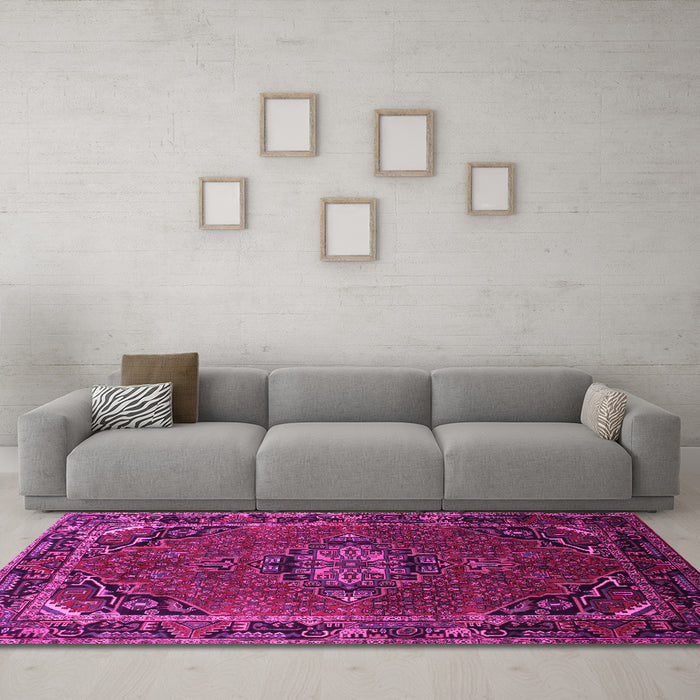 Machine Washable Medallion Pink Traditional Rug in a Living Room, wshtr100pnk