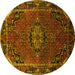 Round Machine Washable Medallion Yellow Traditional Rug, wshtr100yw