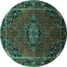 Round Machine Washable Medallion Turquoise Traditional Area Rugs, wshtr100turq