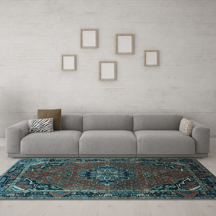Machine Washable Medallion Light Blue Traditional Rug in a Living Room, wshtr100lblu