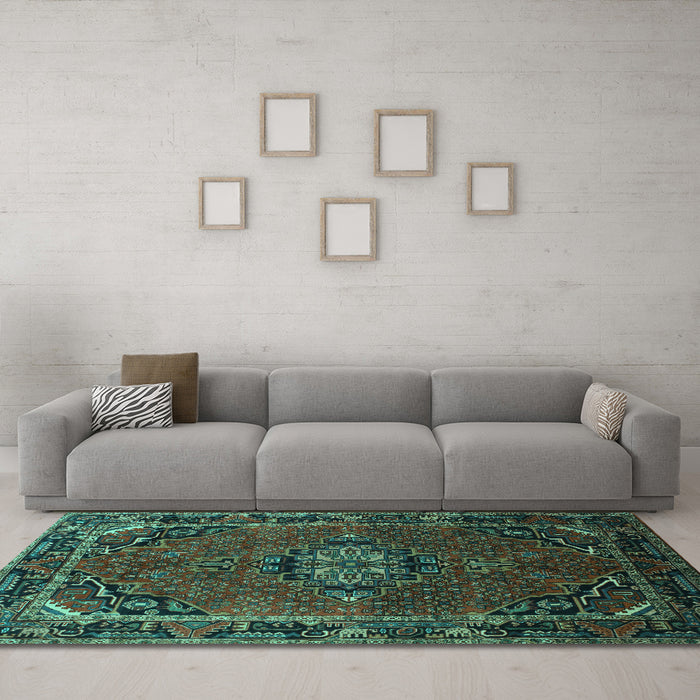 Machine Washable Medallion Turquoise Traditional Area Rugs in a Living Room,, wshtr100turq