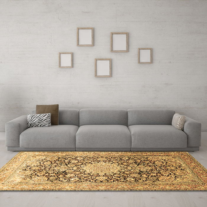 Machine Washable Medallion Brown Traditional Rug in a Living Room,, wshtr1010brn