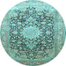 Round Machine Washable Medallion Light Blue Traditional Rug, wshtr1010lblu