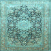 Square Machine Washable Medallion Light Blue Traditional Rug, wshtr1010lblu