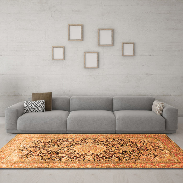 Machine Washable Medallion Orange Traditional Area Rugs in a Living Room, wshtr1010org