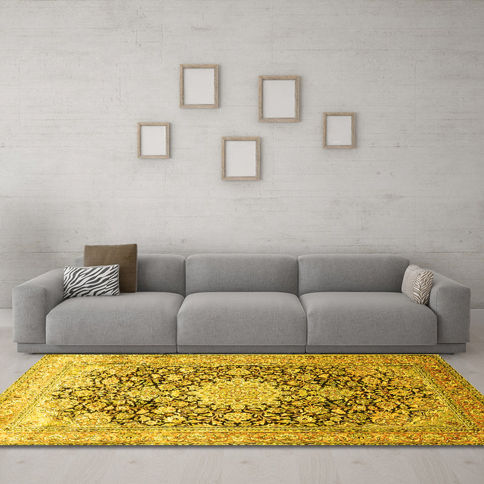 Machine Washable Medallion Yellow Traditional Rug in a Living Room, wshtr1010yw