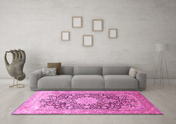 Machine Washable Medallion Pink Traditional Rug in a Living Room, wshtr1010pnk