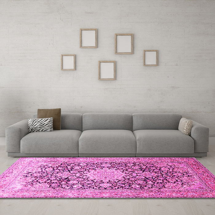 Machine Washable Medallion Pink Traditional Rug in a Living Room, wshtr1010pnk