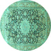 Round Machine Washable Medallion Turquoise Traditional Area Rugs, wshtr1010turq