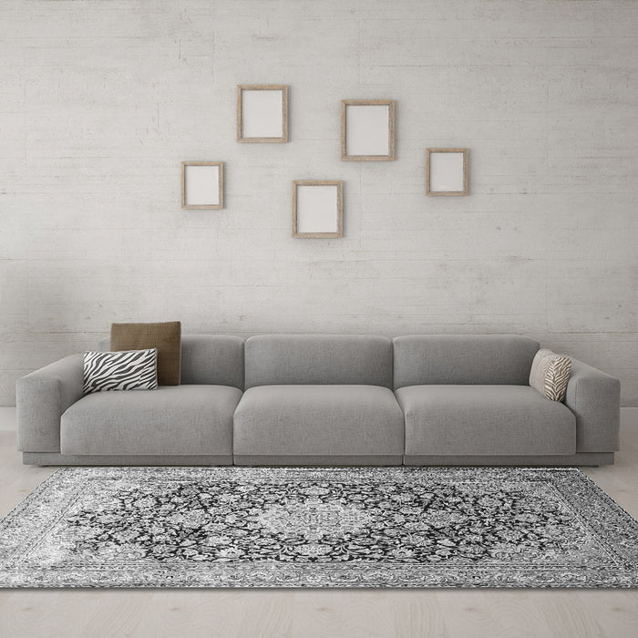 Machine Washable Medallion Gray Traditional Rug in a Living Room,, wshtr1010gry