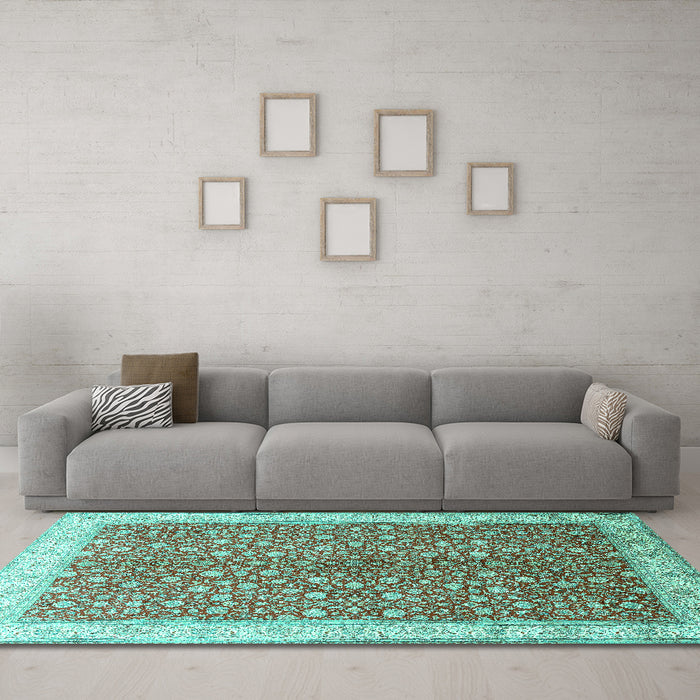 Machine Washable Persian Turquoise Traditional Area Rugs in a Living Room,, wshtr1011turq
