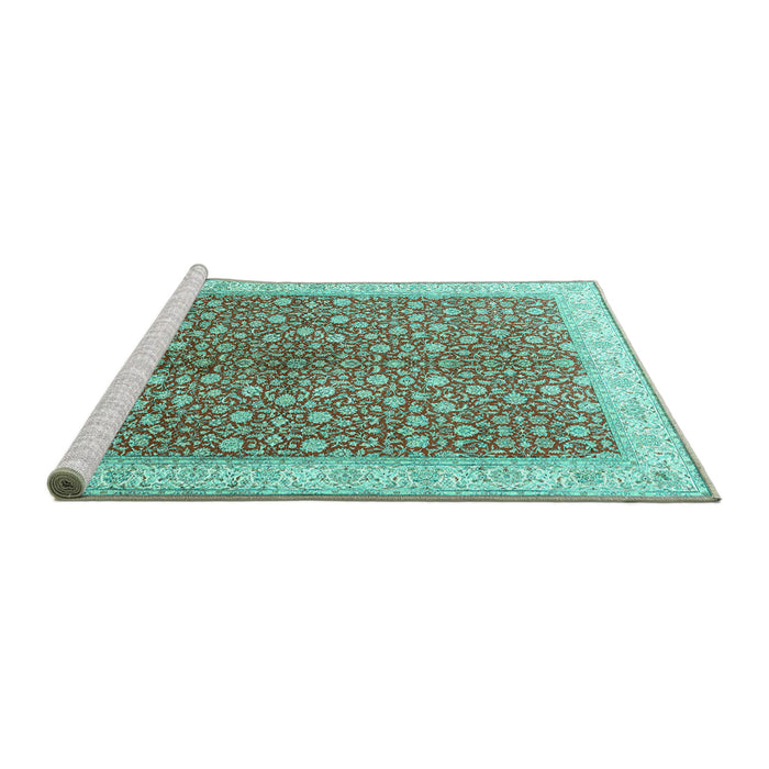 Sideview of Machine Washable Persian Turquoise Traditional Area Rugs, wshtr1011turq