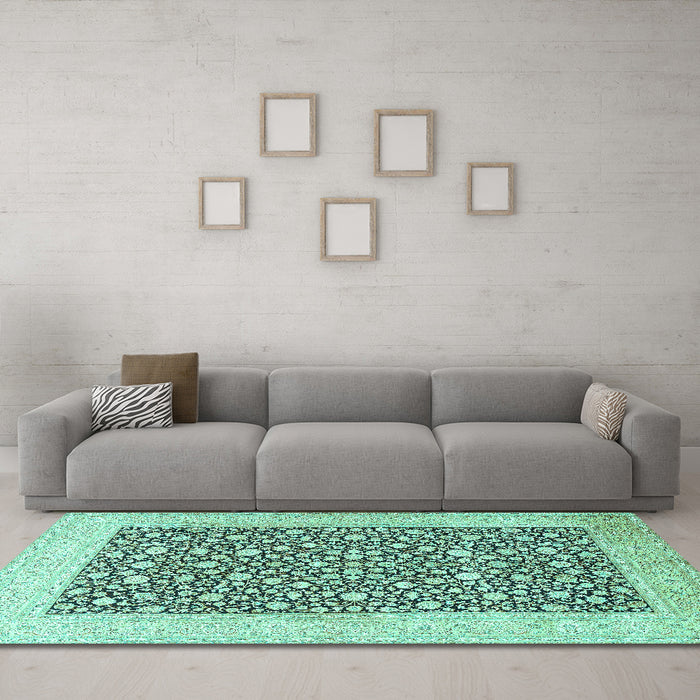 Machine Washable Persian Turquoise Traditional Area Rugs in a Living Room,, wshtr1012turq