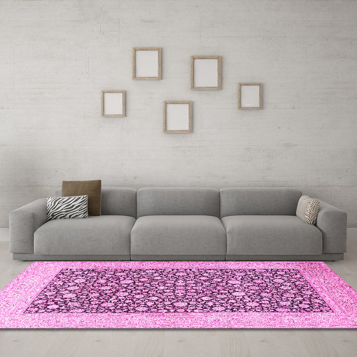 Machine Washable Persian Pink Traditional Rug in a Living Room, wshtr1012pnk