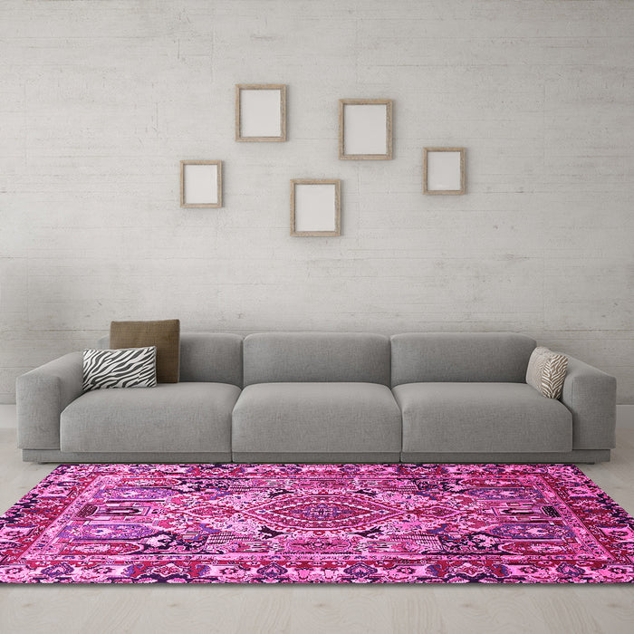 Machine Washable Persian Pink Traditional Rug in a Living Room, wshtr1014pnk