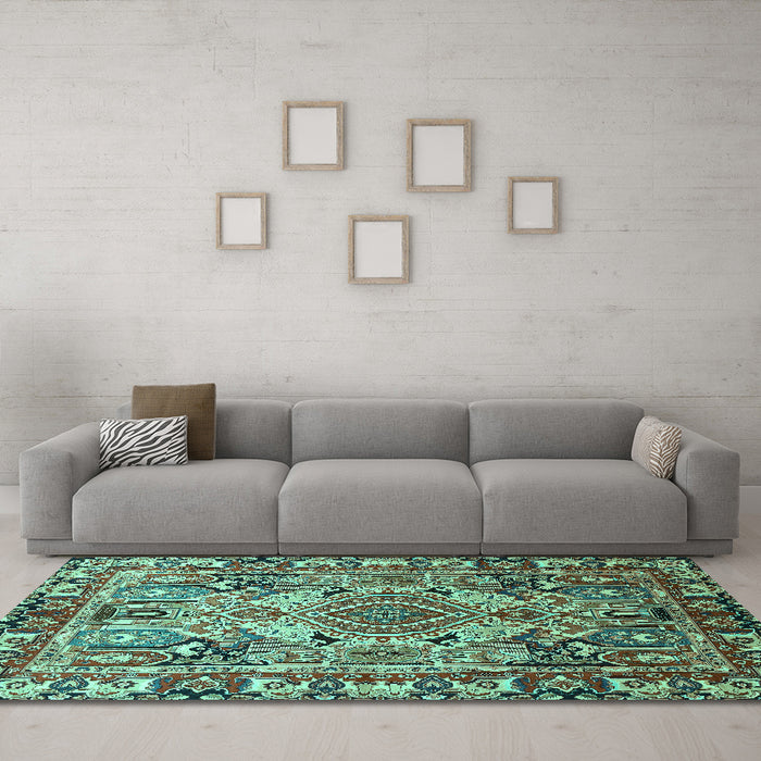 Machine Washable Persian Turquoise Traditional Area Rugs in a Living Room,, wshtr1014turq