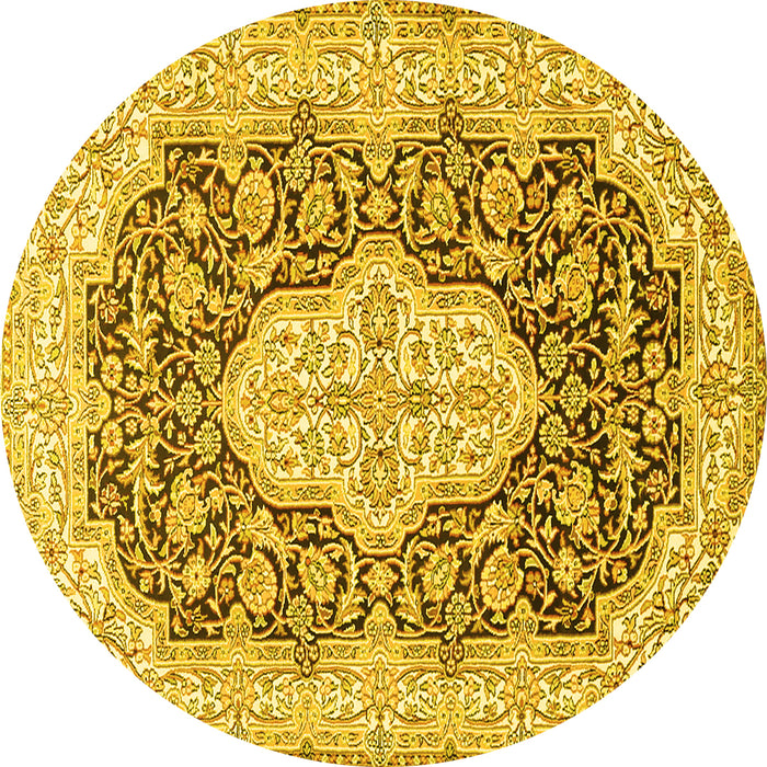 Round Machine Washable Medallion Yellow Traditional Rug, wshtr1015yw