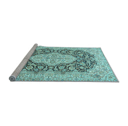 Sideview of Machine Washable Medallion Light Blue Traditional Rug, wshtr1015lblu