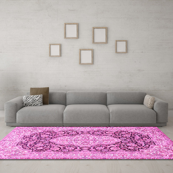 Machine Washable Medallion Pink Traditional Rug in a Living Room, wshtr1015pnk