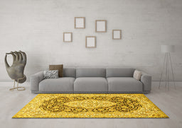 Machine Washable Medallion Yellow Traditional Rug in a Living Room, wshtr1015yw