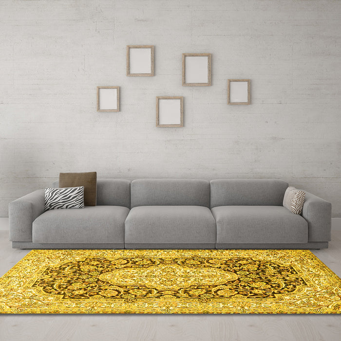 Machine Washable Medallion Yellow Traditional Rug in a Living Room, wshtr1015yw