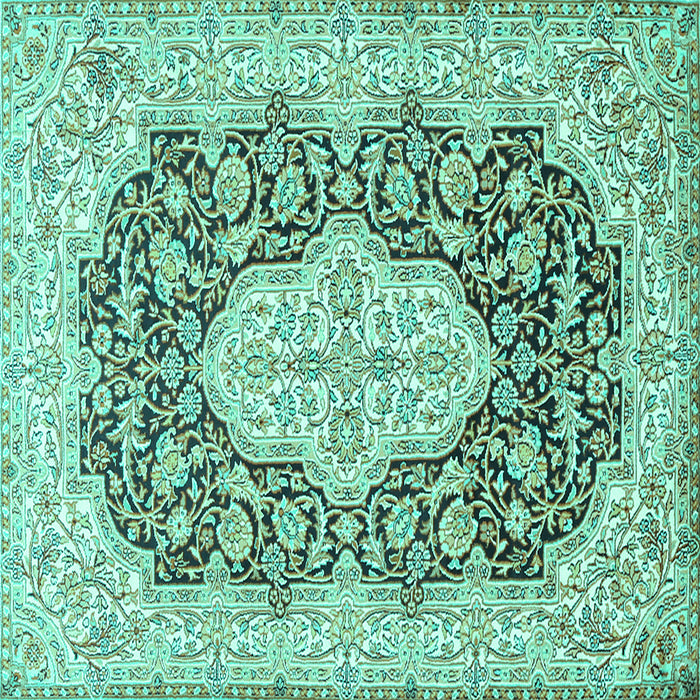 Square Machine Washable Medallion Turquoise Traditional Area Rugs, wshtr1015turq