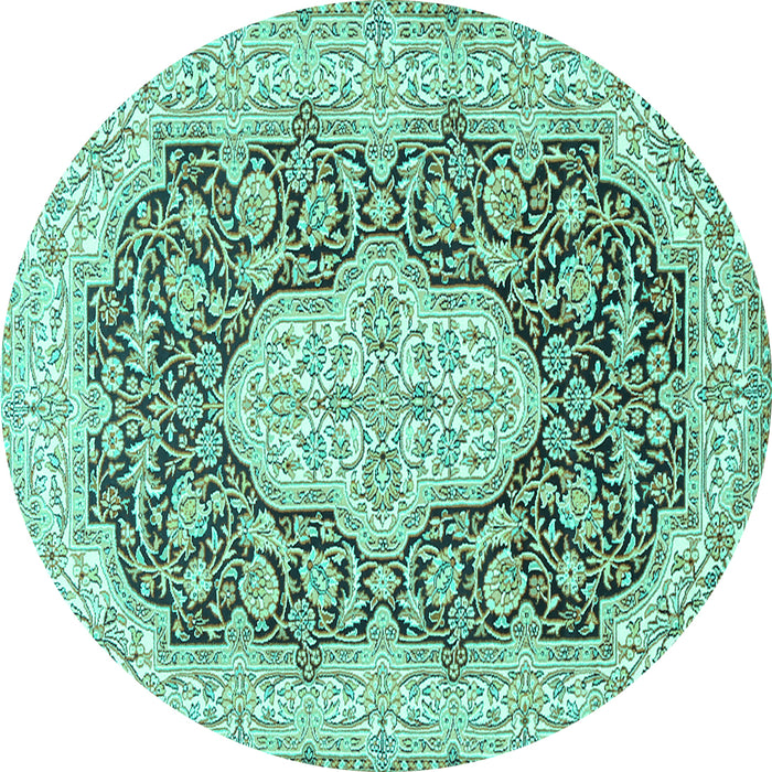 Round Machine Washable Medallion Turquoise Traditional Area Rugs, wshtr1015turq