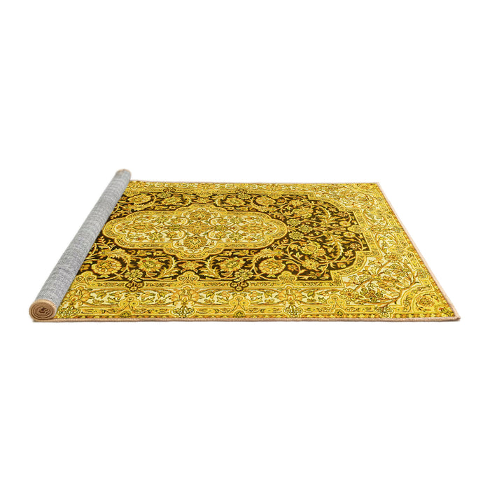 Sideview of Machine Washable Medallion Yellow Traditional Rug, wshtr1015yw