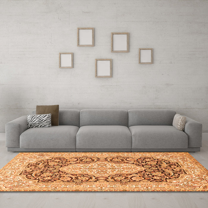 Machine Washable Medallion Orange Traditional Area Rugs in a Living Room, wshtr1015org