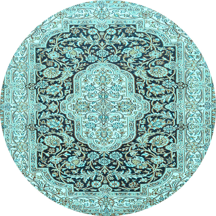 Round Machine Washable Medallion Light Blue Traditional Rug, wshtr1015lblu