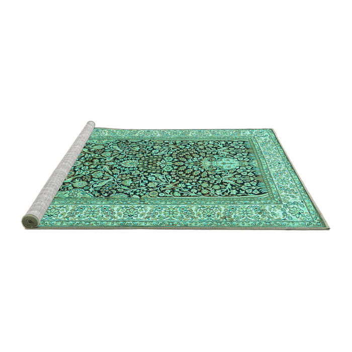 Sideview of Machine Washable Persian Turquoise Traditional Area Rugs, wshtr1016turq